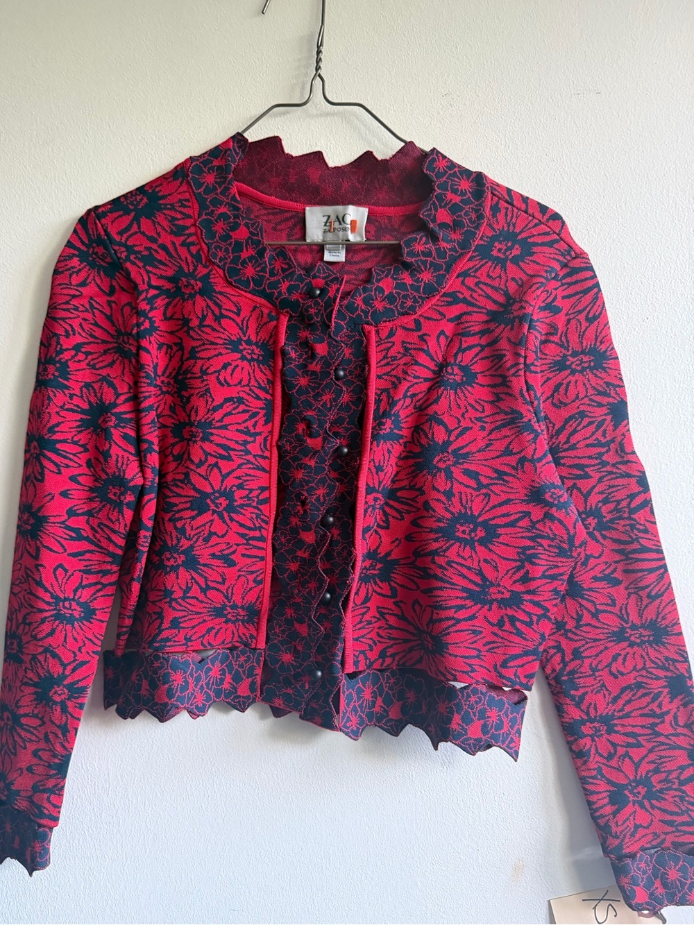 ZAC Zac Posen Red and Navy Floral Cropped Jacket